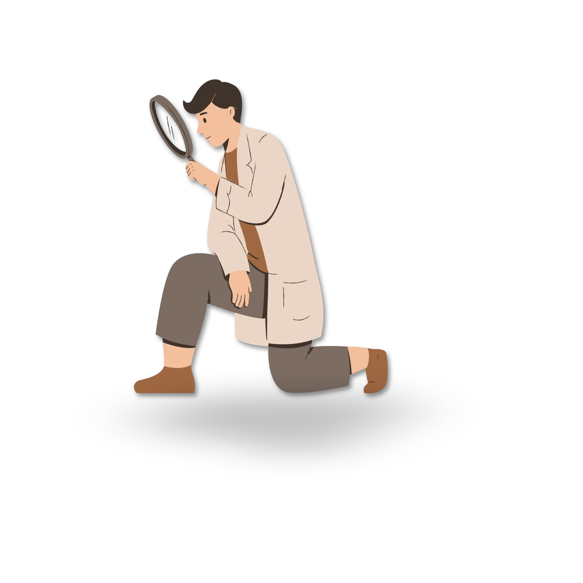 Person kneeling with a magnifying glass, inspecting closely